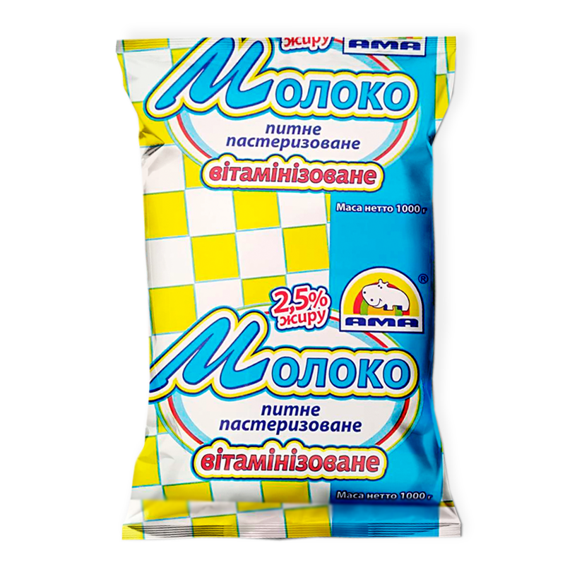 Молоко коров'яче АМА, пастеризоване, 2,5%, 1000г